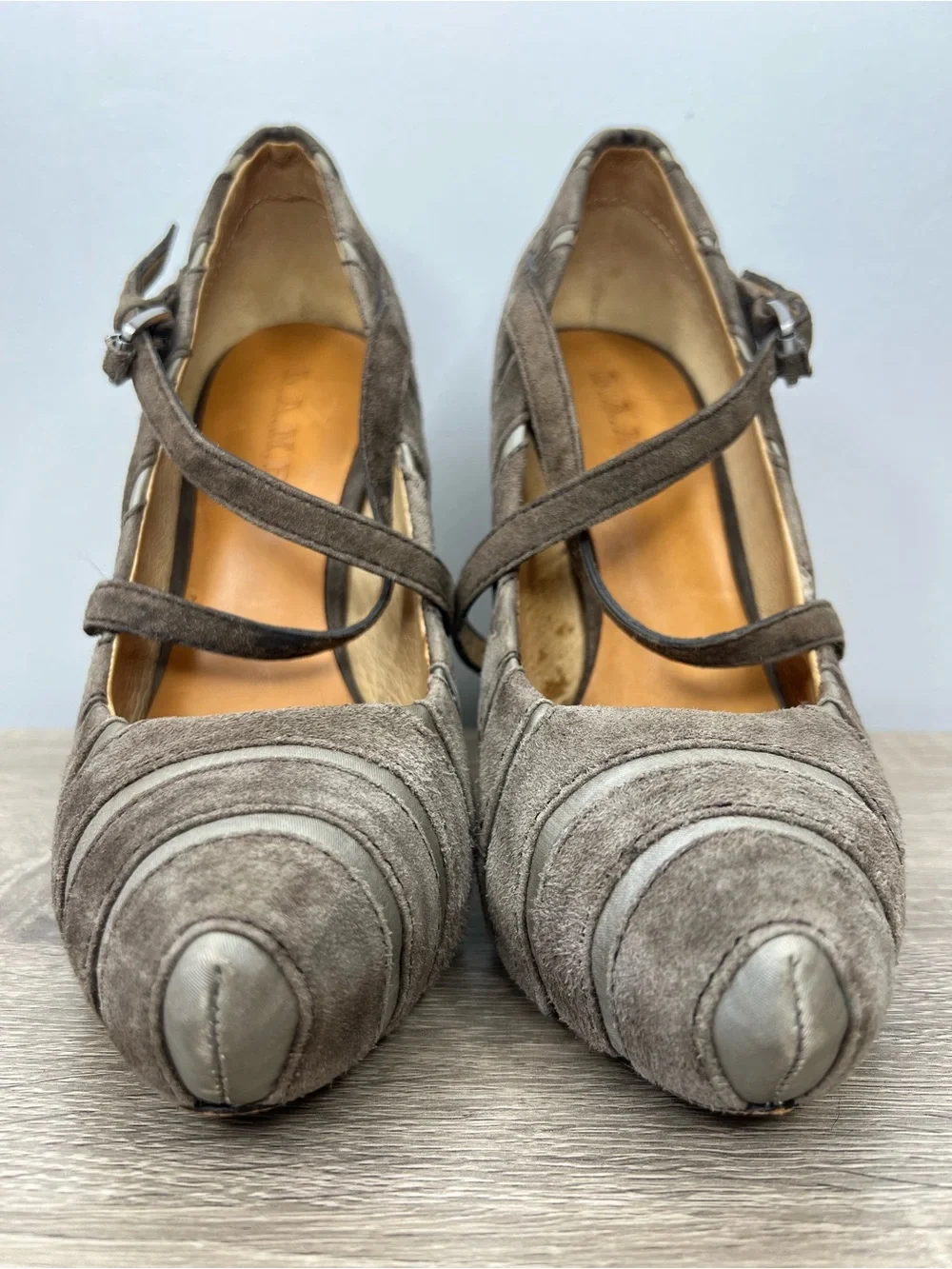 L.A.M.B. Gwen Stefani Taupe Suede & Satin Striped Mary Jane Pumps Size 7.5M